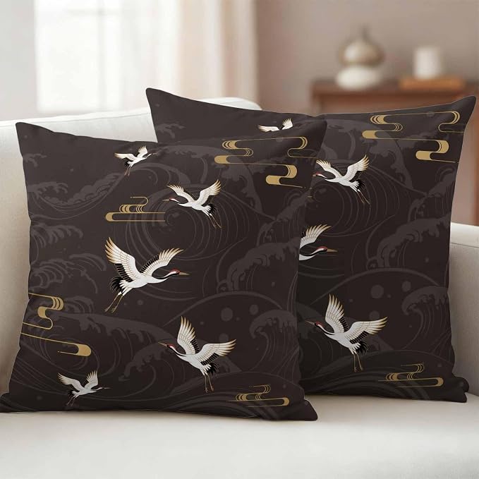 Japanese Style Outdoor Pillow Covers 18x18 Inch Throw Pillow Covers Set of 2 Waterproof Decorative Pillow Cases Vintage Cranes Ocean Wave Black Grey Cushion Covers for Patio Furniture Garden Couch