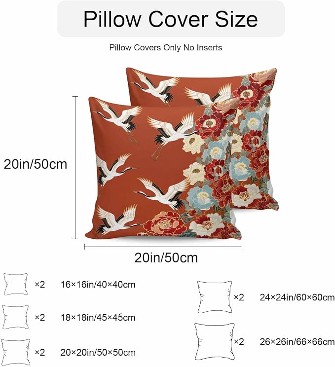 Japanese Style Outdoor Pillow Covers 16x16 Inch Throw Pillow Covers Set of 2 Waterproof Decorative Pillow Cases Red Farmhouse Botanical Peony Birds Cushion Covers for Patio Furniture Garden Couch Sofa
