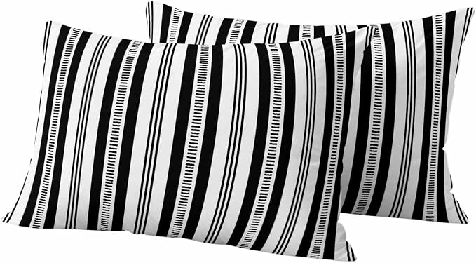 Black Striped Outdoor Waterproof Pillow Covers, Farmhouse Stripes Modern Geometric Decorative Rectangle Throw Pillowcase Sofa Cushion Sham for Patio/Couch/Chair, 20"x12" 2 Pack