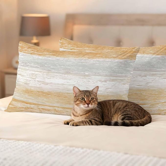 Outdoor Waterproof Throw Pillow Covers, Vintage Orange Grey Decorative Pillow Cases, Farmhouse Barn Wooden Striped Couch Pillow Protector Patio Sofa Cushion Covers Replacement 20"x12" 2 Pack