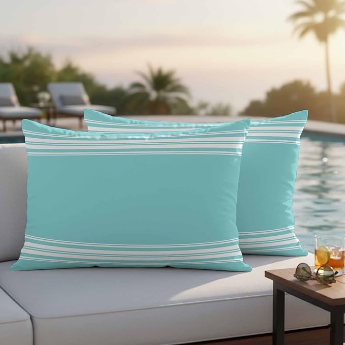 Outdoor Pillow Covers 12x20 Set of 2 Teal Stripes Outdoor Pillows Waterproof Throw Pillow Covers French Stripe Farmhouse Style Pillowcases Decorative Case for Patio Cushion