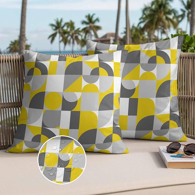Mid Century Outdoor Waterproof Throw Pillow Covers Set of 2, 18"x18", Yellow Grey Abstract Retro Geometric Modern Decorative Pillow Covers Outside Cushion Case for Patio Porch Garden