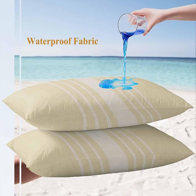 Lumbar Pillow Covers 20x12 Inch Set of 2, Cream Beige Striped Waterproof Outdoor Cushion Covers, Modern Farmhouse Retro Lines Decorative Pillowcases for Couch, Sofa, Bed, Garden, Patio