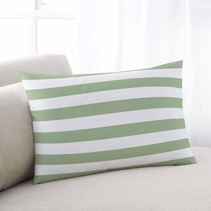 Outdoor Waterproof Throw Pillows Sage Green White Stripes Horizontal Lines Patio Pillows Pack of 1,Decorative Pillow Covers with Insert,Pillow Cushion Case for Garden Couch Sofa Modern Minimalism