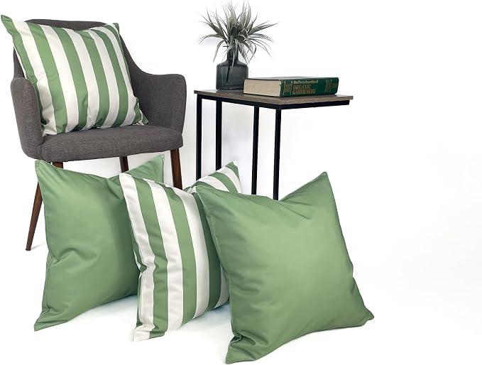 Pack of 2 Outdoor 20''x20'' Waterproof Light Green Striped Throw Pillow Covers Decorative Square Cushion Patio Pillows for Patio Furniture (Loden Frost)