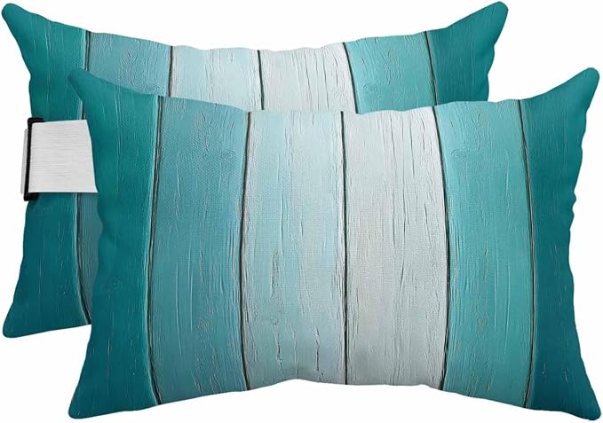 Aqua Ombre Outdoor Pillows for Chaise Lounge Chair Beach Headrest Pillow Set of 2 Waterproof Lumbar Pillows with Insert&Strap Vintage Country Wooden Recliner Neck Pillow for Patio Pool 11"x16"