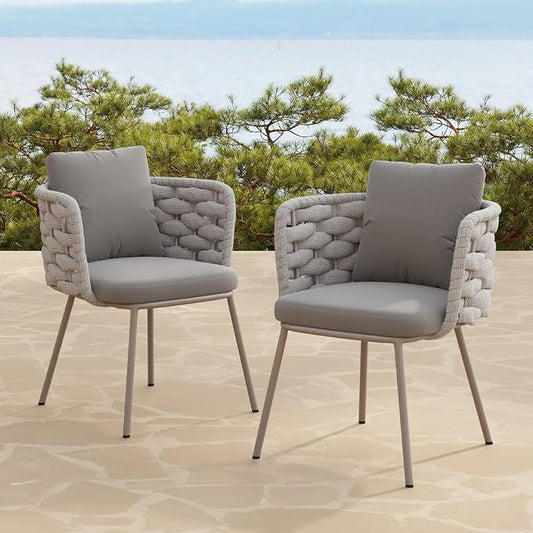 2-Piece Mid Century Modern Outdoor Patio Dining Chairs - Aluminum & Rope Woven Armchairs, Gray Cushions for Comfortable Outdoor Seating