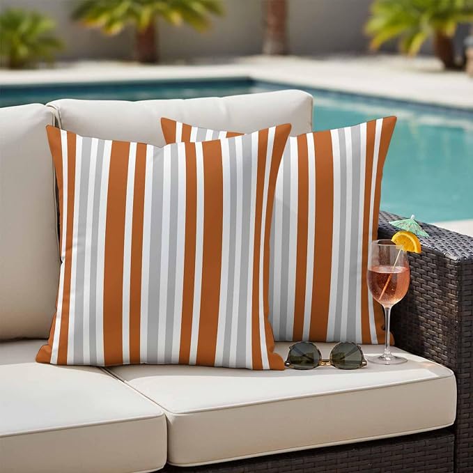 Burnt Orange Grey Stripe Outdoor Pillow Covers 24x24 Inch Throw Pillow Covers Set of 2 Waterproof Decorative Pillow Cases Farmhouse Minimalist Striped Cushion Covers for Patio Furniture Garden Couch