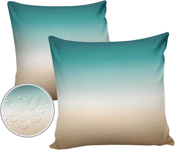 Outdoor Pillow Covers Waterproof Teal Beige Ombre Cream All Weather Cushion Case Set of 2, Modern Turquoise Abstract Art Aesthetics Decorative Pillowcases for Sofa Couch Bed Decor Patio 20"x20"