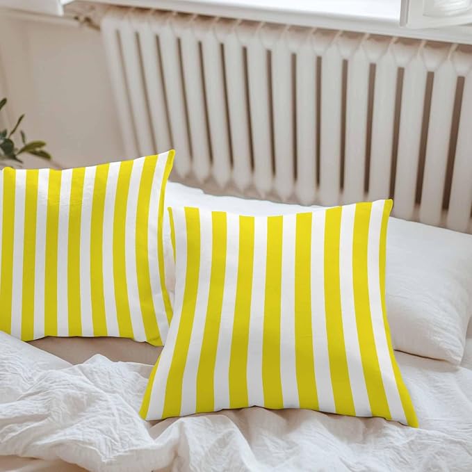 Yellow Striped Outdoor Waterproof Throw Pillow Covers 16x16 Set of 2, Modern Farmhouse Yellow White Stripes Decorative Pillowcases Cushion Pillowcase for Couch Sofa Patio Outside Pillow Protector
