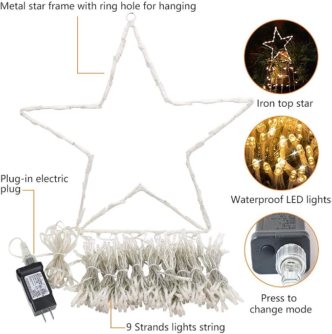 Christmas Decorations, Outdoor Christmas Lights, 320 LED Outdoor Christmas Tree String Lights with 12" Star Toppers [8 Modes& Waterproof] for Xmas New Year Holiday Decor (Iron Warm)