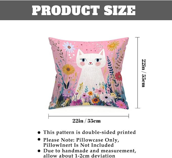22x22 Inch Outdoor Pillow Covers Set of 2 Waterproof Throw Pillow Covers Decorative Couch Cushion Covers Pink Cat Garden Flowers Square Pillowcases Protectors for Patio Garden Sofa