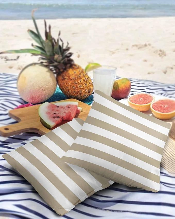 Outdoor Pillows 16x16 Waterproof Outdoor Pillow Covers Khaki White Stripes Polyester Throw Pillow Covers Garden Cushion Decorative Case for Patio Couch Decoration Set of 2 Geometric