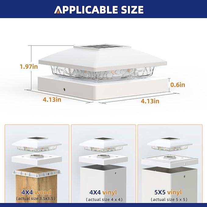 APONUO Solar Post Cap Lights for 4x4 5x5 Posts - IP64 Waterproof, 6500K LED, No-Wire Fence Lights & Deck Lights for Patio Garden Yard Patio, White-Cool White, 6 Pack