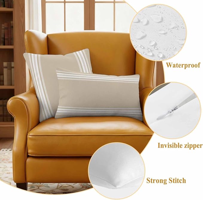 Outdoor Pillow Covers 16x16 Set of 2 Khaki Stripes Outdoor Pillows Waterproof Throw Pillow Covers French Stripe Farmhouse Style Pillowcases Decorative Case for Patio Cushion