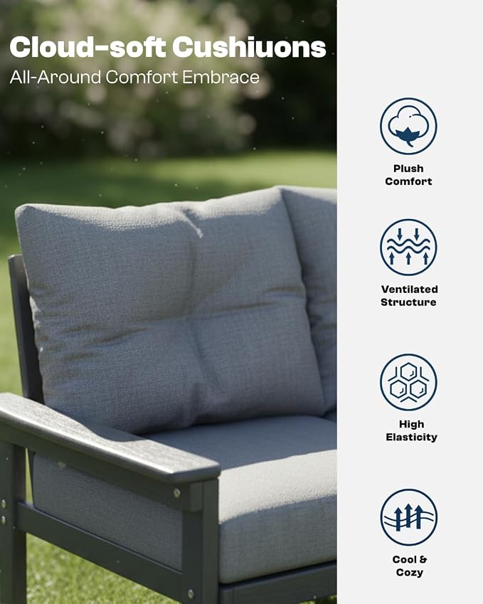 3 Piece HDPE Outdoor Patio Furniture Set, All-Weather 2 Armchairs with Side Table, Patio Conversation Set with Grey Washable Thick Cushion for Balcony/Porch/Backyard (Grey Frame)