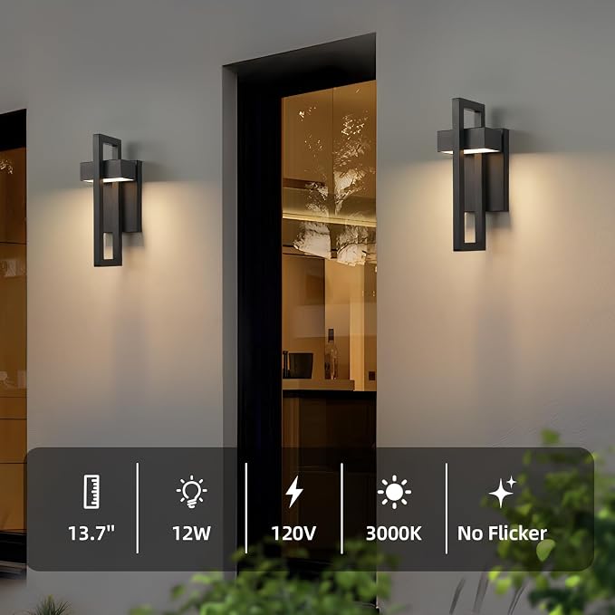 LED Outdoor Wall Sconce Modern Exterior Lighting Fixtures, Matte Black Outdoor Front Porch Lights LED Outside Wall Mount Lights for House, Hallway, Warm White 3000K, 1 Pack