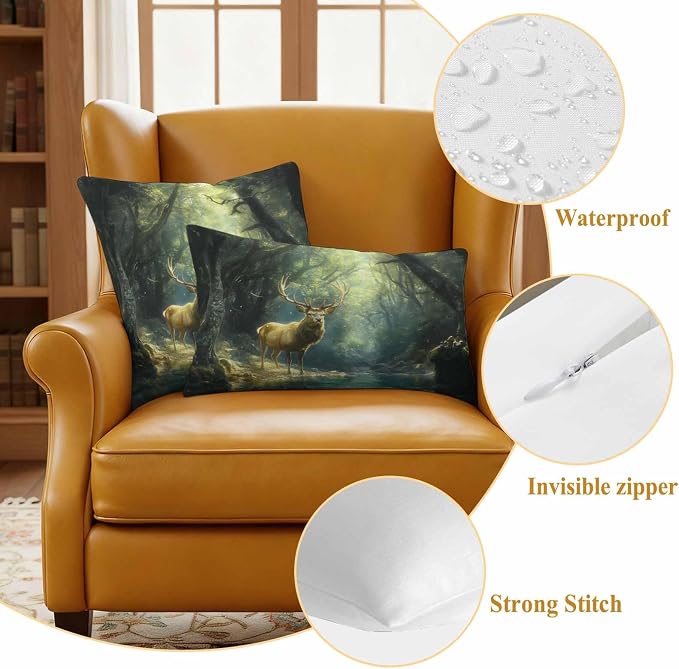 Green Forest Deer Waterproof Outdoor Pillow Covers Set of 2 Home Decor, Fantasy Vintage Nature Scenery Pillowcase Patio Pillow Covers for Couch Bench Furniture Garden 26x26in