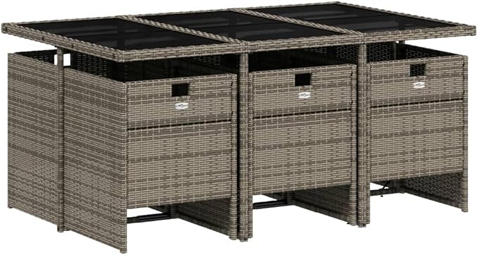 7 Piece Outdoor Patio Dining Set with Cushions Grey Poly Rattan Folding Chairs Tempered Glass Table for Garden Backyard Deck Entertaining 6 Seats