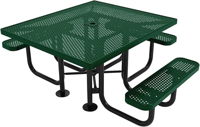 COATEDOUTDOORFURNITURE Coated Outdoor Furniture Heavy-Duty Portable ADA-Compliant Outdoor Picnic Table with Umbrella Hole, Punched Steel Patio Dining Furniture Made in America (46" Square Top, Green)