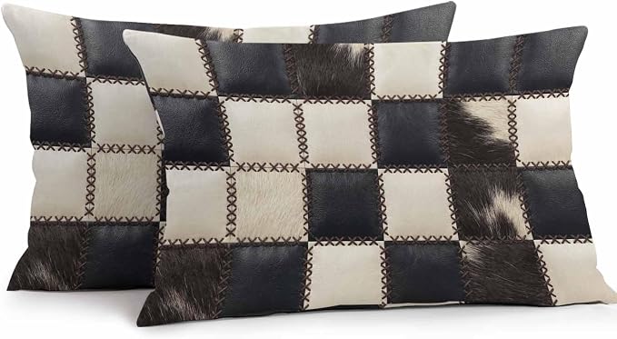 Beige Black Animal Printed Outdoor Pillow Covers 20x12 Inch Lumbar Pillow Covers Set of 2 Waterproof Decorative Throw Pillow Cases Modern Fur Checkered Cushion Covers for Patio Furniture Garden Couch