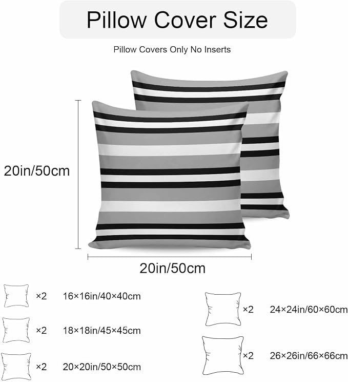 Black Gray Striped Outdoor Pillow Covers 26x26 Inch Throw Pillow Covers Set of 2 Waterproof Decorative Pillow Cases Contemporary Minimalist Lines Art Cushion Covers for Patio Furniture Garden Couch