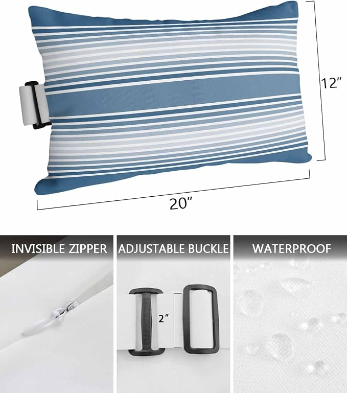 Pack of 4 Outdoor Lumbar Pillow Covers 12x20 Inch, Blue Striped Waterproof Throw Pillow Covers Set, Blue Ombre Farmhouse Stripes Indoor&Outdoor Decorative Cushion Cases for Patio Porch Car