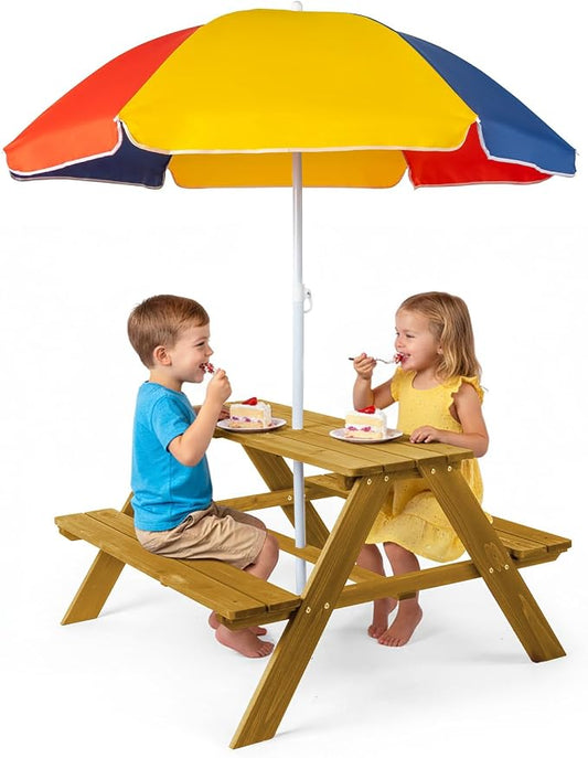Kids Picnic Table, Wooden Toddler Picnic Table and Chair w/Removable Umbrella, Kids Outdoor Furniture for Patio Garden, Teak