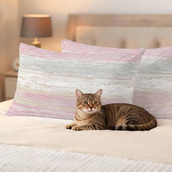 Outdoor Waterproof Throw Pillow Covers, Vintage Pink Grey Decorative Pillow Cases, Farmhouse Barn Wooden Striped Couch Pillow Protector Patio Sofa Cushion Covers Replacement 20"x12" 2 Pack