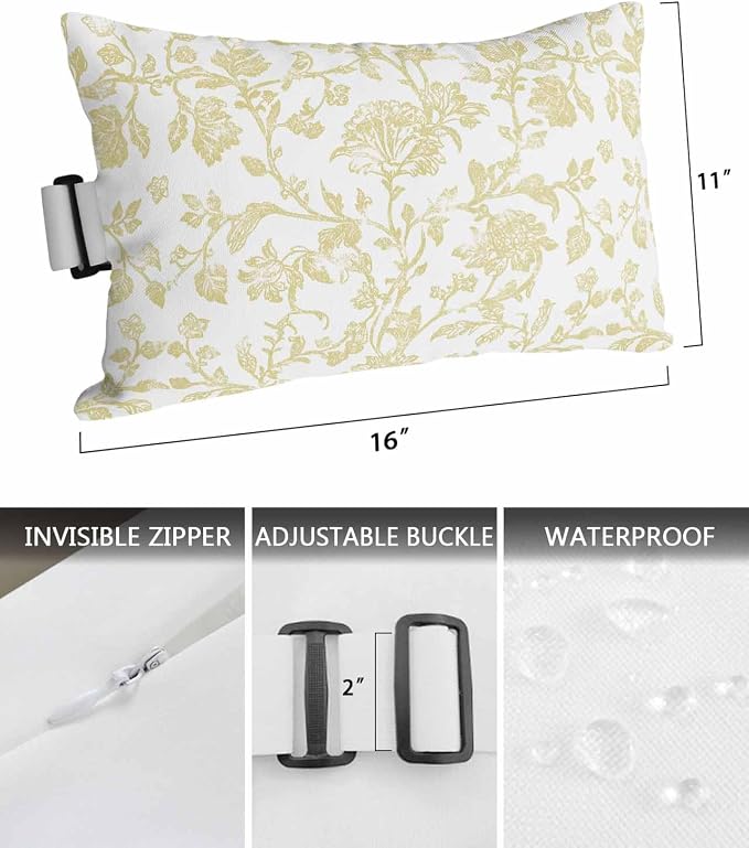 Pack of 4 Outdoor Lumbar Pillow Covers 11x16 Inch, Yellow Flower Waterproof Throw Pillow Covers Set, Vintage Farmhouse Boho Leaf Spring Plant Indoor&Outdoor Cushion Cases for Patio Porch Beach