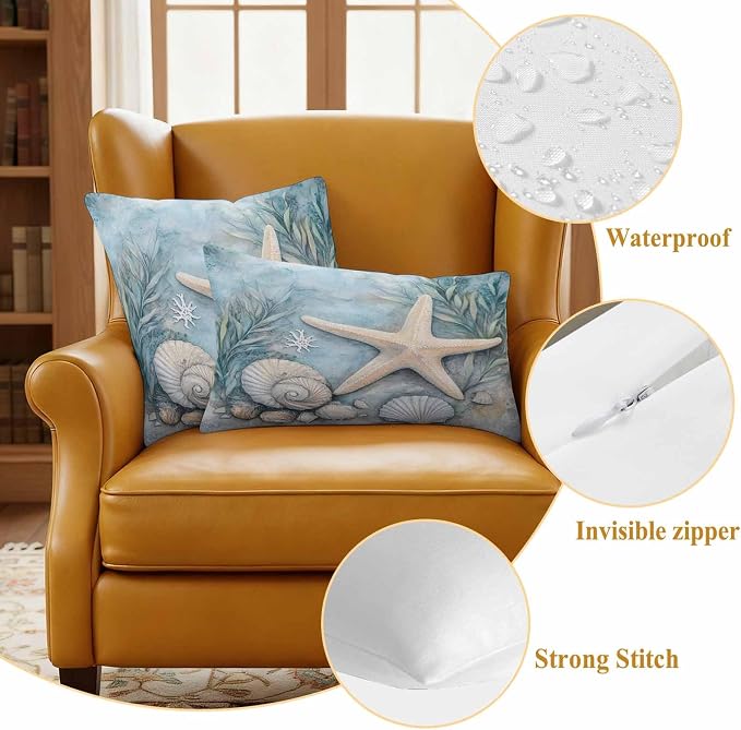 Ocean Coral Outdoor Waterproof Throw Pillow Covers Set of 2, 18"x18", Shell Starfish Plant Leaf Coastal Rustic Decorative Pillow Covers Outside Cushion Case for Patio Porch Garden