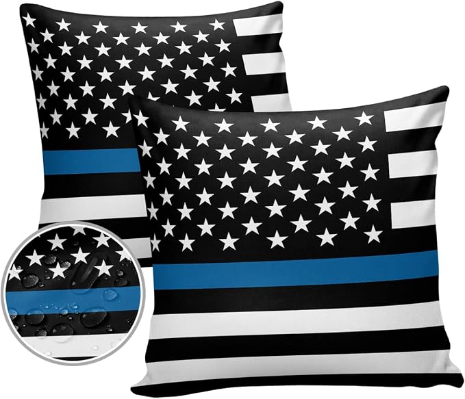 Outdoor Waterproof Pillow Covers Set of 2, Thin Blue Line Flag American Police Flag Honoring Law Enforcement Officers Patio Throw Pillow Covers, Decorative Cushion Case for Sofa Furniture, 26x26 Inch