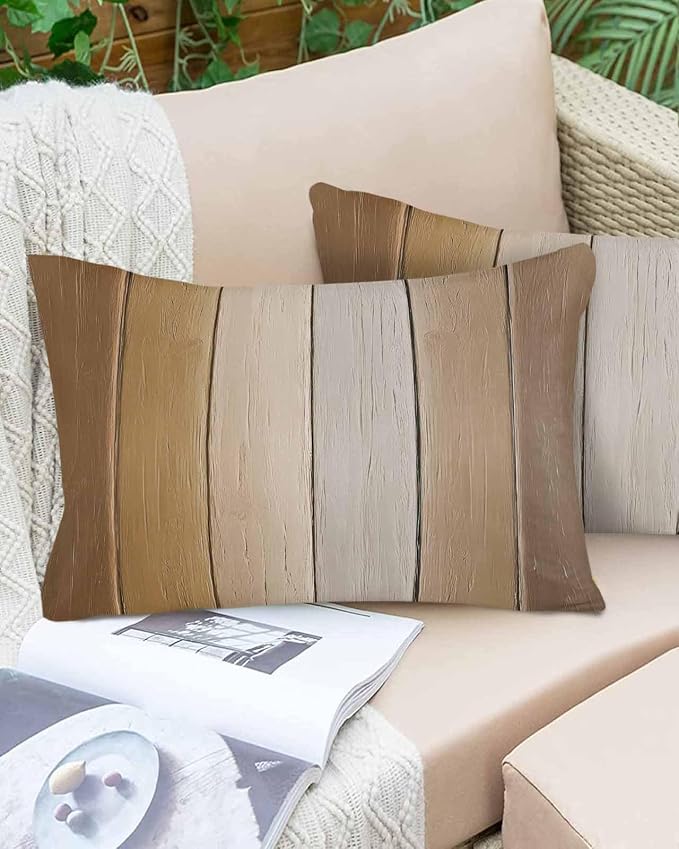 Lumbar Pillow Covers 20x12 Inch Set of 2, Brown Ombre Waterproof Outdoor Cushion Covers, Vintage Country Wooden Decorative Pillowcases for Couch, Sofa, Bed, Garden, Patio