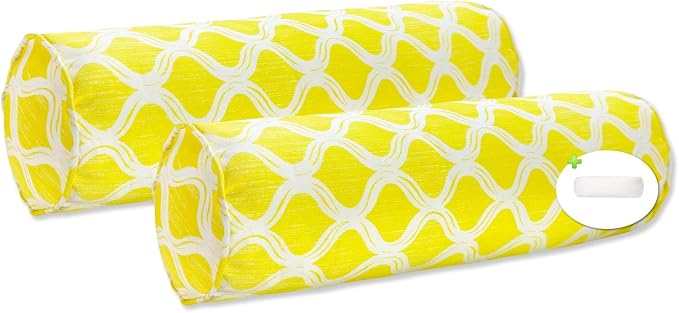 Pack of 2 Outdoor Waterproof Decorative Bolster Pillows with Inserts for Patio Furniture, 20x6 Inch Fade Resistant Patio Garden Bolster Cushions for Couch Bed Sofa, Geometric Yellow
