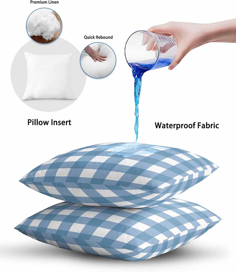 Waterproof Outdoor Pillow Set of 2 Buffalo Plaid Decorative Throw Pillows Cover & Insert 18x18 Inch Pillowcase Blue Check Lines Square Pillows for Couch Sofa Bed Patio Furniture Indoor Outdoor