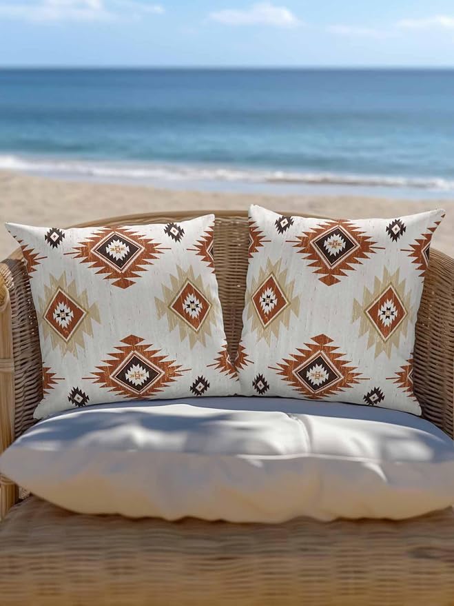 Waterproof Outdoor Pillow 1 Pack Orange Boho Aztec Decorative Throw Pillows Cover & Insert 18x18 Inch Pillowcase Southwest Tribal Style Square Pillows for Couch Sofa Bed Patio Furniture Indoor Outdoor