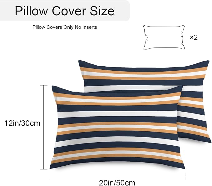 Orange Navy Blue Striped Outdoor Pillow Covers Waterproof, All Weather Cushion Case Set of 2, Minimalist Farmhouse Lines Lumbar Pillowcase for Sofa Couch Bed Decor Patio Furniture 20"x12"