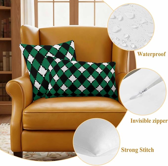 Vintage Rhombus Outdoor Waterproof Throw Pillow Covers Set of 2, 24"x24", Green Black White Decorative Pillow Covers Outside Cushion Case for Patio Porch Garden