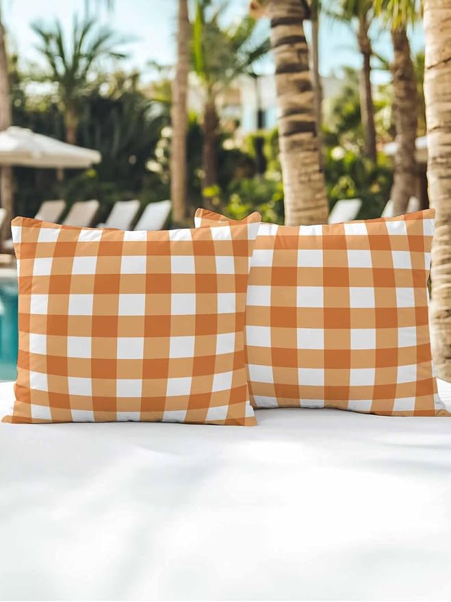 Waterproof Outdoor Pillow Set of 2 Orange Buffalo Plaid Decorative Throw Pillows Cover & Insert 18x18 Inch Pillowcase Check Lines Square Pillows for Couch Sofa Bed Patio Furniture Indoor Outdoor