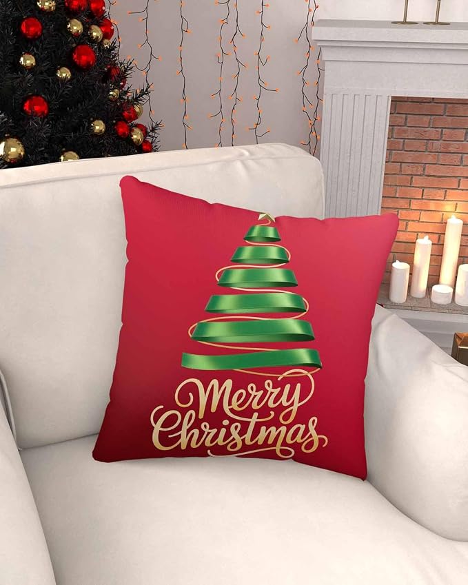Red Christmas Tree Outdoor Pillow Covers 18 x 18 Inches, Green Xmas Tree with Star Waterproof Throw Pillow Cover Set of 2, Christmas Red Decorative Square Cushion Covers for Patio/Couch/Garden