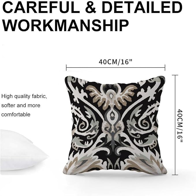 Cushion Cases Ikat Black Brown Pillows Rustic Euro Sham Charcoal Pillow Cover Accent Farmhouse Decor Pillow for Couch Tent Park 16x16 in