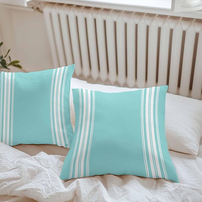Outdoor Pillow Covers 16x16 Set of 2 Teal Stripes Outdoor Pillows Waterproof Throw Pillow Covers French Stripe Farmhouse Style Pillowcases Decorative Case for Patio Cushion
