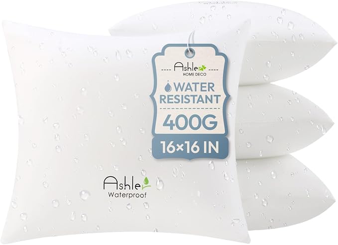 Outdoor Pillows 16 X 16 Pillow Inserts Pack of 4, Water-Resistant Decorative Premium Square Pillow Stuffer Sham Waterproof Pillow for Sofa Couch, Porch Patio Living Room Bedroom Furniture