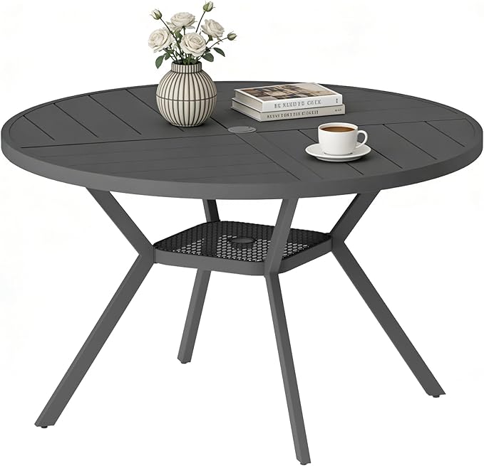 47" Outdoor Patio Table Dining Table All Weather Metal Round Patio Dining Table with Adjustable Umbrella Hole Patio Furniture for Lawn Garden Backyard, Grey