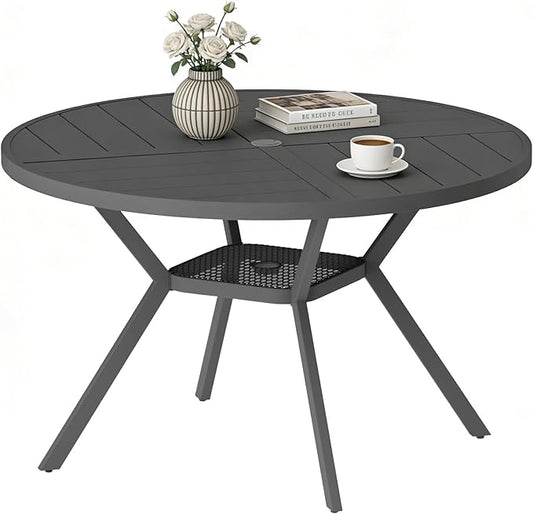 47" Outdoor Patio Table Dining Table All Weather Metal Round Patio Dining Table with Adjustable Umbrella Hole Patio Furniture for Lawn Garden Backyard, Grey