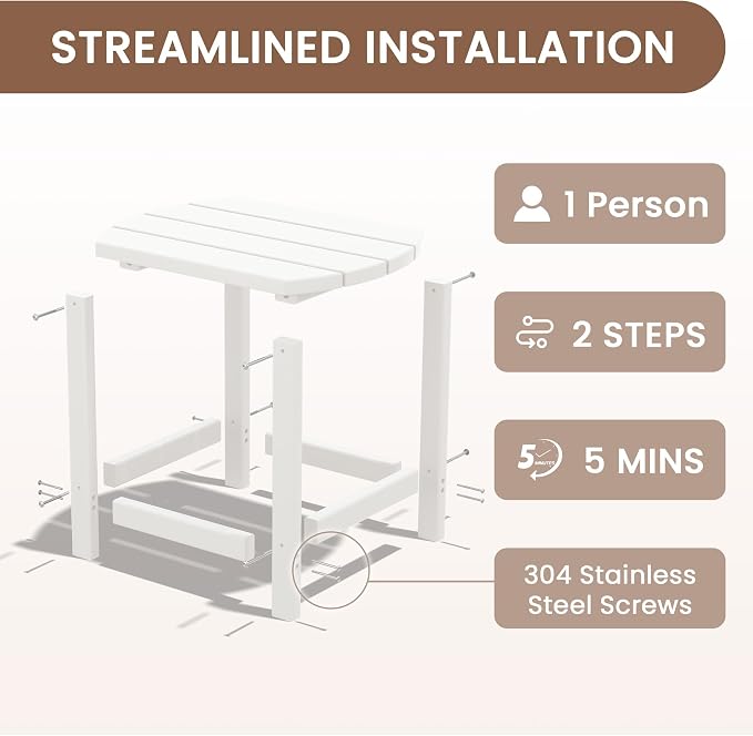 Outdoor Adirondack Side Table, Single-Layer, for Patio, Poolside, Living Room and Bedroom, Easy to Assemble (White)