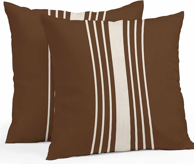 Throw Pillow Covers 24x24 Inch Set of 2, Brown Beige Striped Waterproof Outdoor Cushion Covers, Modern Farmhouse Retro Lines Decorative Pillowcases for Couch, Sofa, Bed, Garden, Patio