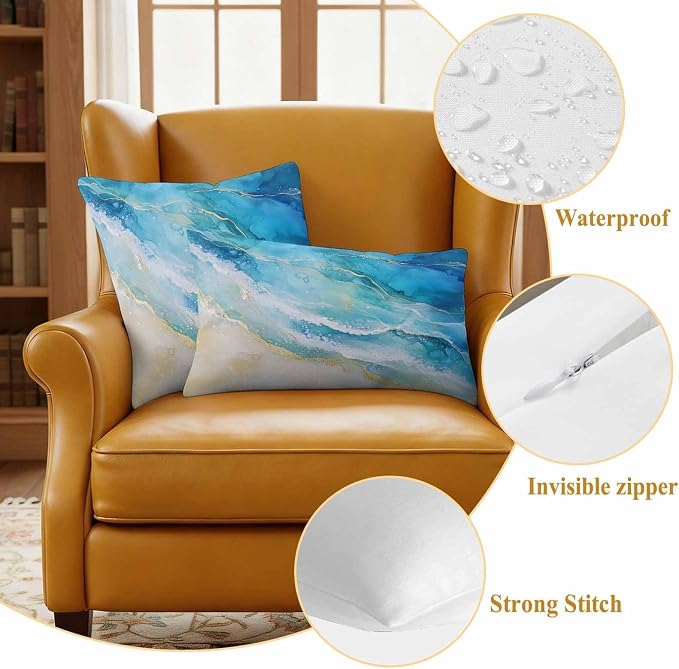 Abstract Waves Outdoor Waterproof Throw Pillow Covers Set of 2, 26"x26", Surrealism Spray Beach Ocean Watercolor Decorative Pillow Covers Outside Cushion Case for Patio Porch Garden