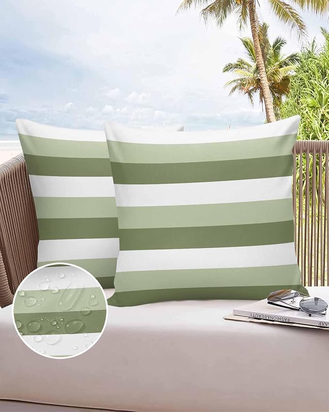 Pack of 2 Ombre Green Stripe Outdoor Pillow Waterproof Covers 24x24 inch, Geometric Art Polyester Throw Pillow Covers Garden Cushion Decorative Case for Patio Couch Decoration