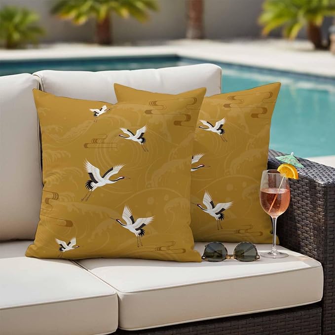 Japanese Style Outdoor Pillow Covers 16x16 Inch Throw Pillow Covers Set of 2 Waterproof Decorative Pillow Cases Vintage Art Cranes Ocean Wave Yellow Cushion Covers for Patio Furniture Garden Couch
